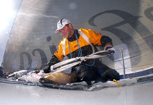 Pablo Arrarte during a sail change onboard Telefonica Blue, on leg 5 of the Volvo Ocean Race, from Qingdao to Rio de Janeiro. Photo copyright Gabriele Olivo / Telefonica Blue / Volvo Ocean Race.