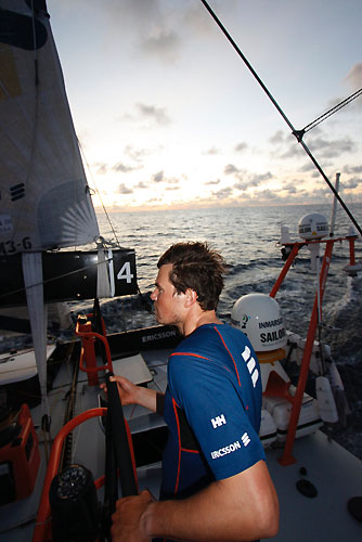 Joao Sgnorini onboard Ericsson 4, in the Doldrums, on leg 5 of the Volvo Ocean Race. Photo copyright Guy Salter / Ericsson 4 / Volvo Ocean Race.