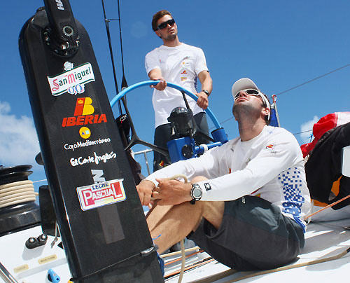 Simon Fisher trimming the main and Michael Pammenter driving, on leg 5 of the Volvo Ocean Race, from Qingdao to Rio de Janeiro. Photo copyright Gabriele Olivo / Telefonica Blue / Volvo Ocean Race.