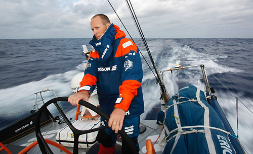 Magnus Woxen helming, onboard Ericsson 3, on leg 5 of the Volvo Ocean Race. Photo copyright Gustav Morin / Ericsson 3 / Volvo Ocean Race.