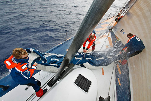 Sail changes onboard Ericsson 3, on leg 5 of the Volvo Ocean Race. Photo copyright Gustav Morin / Ericsson 3 / Volvo Ocean Race.