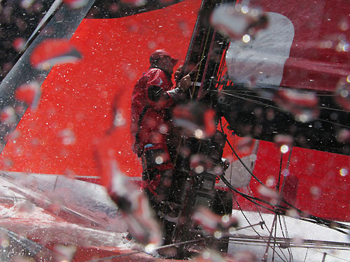 Sidney Gavignet gets the mainsail ready to reef, en route to Rio De Janeiro on leg 5 of the Volvo Ocean Race.