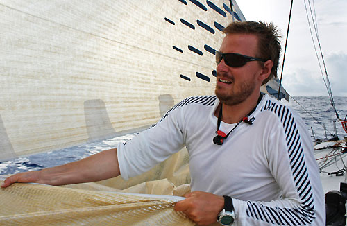 Trimmer Martin Stromberg during a sail change onboard Ericsson 3, on leg 5 of the Volvo Ocean Race, from Qingdao to Rio de Janeiro. Photo copyright Gustav Morin / Ericsson 3 / Volvo Ocean Race.