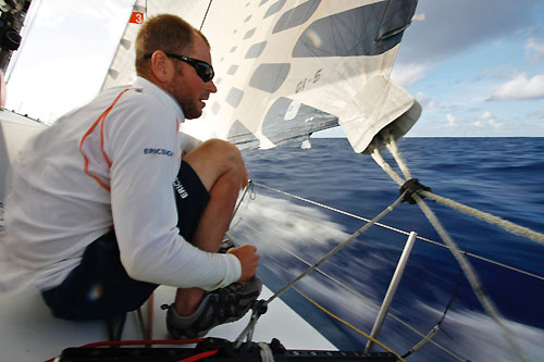 Ericsson 3 passing a couple of islands just norh of Fiji. Arve Roaas trimming. Photo copyright Gustav Morin / Ericsson 3 / Volvo Ocean Race.
