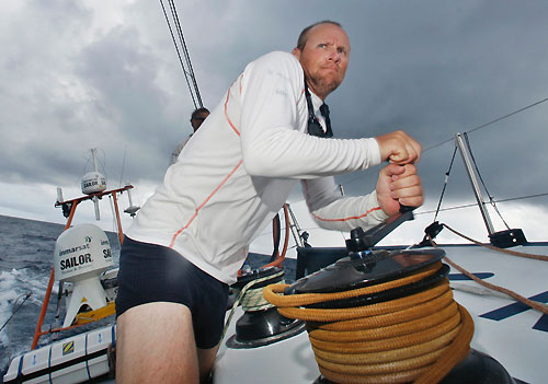 Magnus Woxen trimming onboard Ericsson 3, on leg 5 of the Volvo Ocean Race, from Qingdao to Rio de Janeiro. Photo copyright Gustav Morin / Ericsson 3 / Volvo Ocean Race.