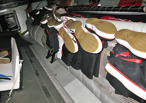 Sleeping sea boots onboard PUMA Ocean Racing, on leg 5 of the Volvo Ocean Race, from Qingdao to Rio de Janeiro. Photo copyright Rick Deppe / PUMA Ocean Racing / Volvo Ocean Race.