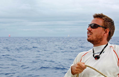 Martin Stromberg onboard Ericsson 3, with PUMA Ocean racing and Ericsson 4 on the horizon. Photo copyright Gustav Morin / Ericsson 3 / Volvo Ocean Race.
