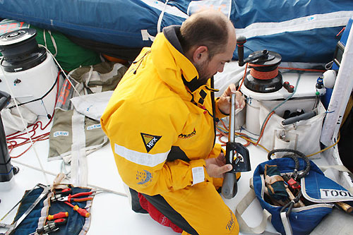 Telefonica Blue suffered a cruel blow tonight when the Spanish boat broke its forestay while leading the fleet through the Southern Ocean on day 20 of Leg 5 from Qingdao to Rio. Xabier Fernandez looking at the broken piece of forestay. Photo copyright Gabriele Olivo / Telefonica Blue / Volvo Ocean Race.