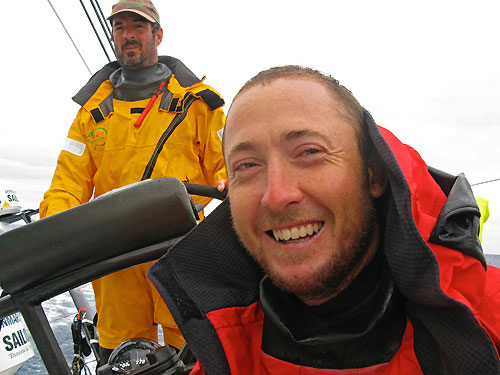 Green Dragons Pitman Andrew Mclean with Watch Captain Damian Foxall in the background on leg 5 en route to Rio De Janeiro. Photo copyright Guo Chuan / Green Dragon Racing / Volvo Ocean Race.