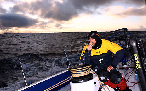Telefonica Blue crew member Jordi Calafat (Helmsman) looking at the trim of the J4 en route to Rio De Janeiro on Leg 5 of the Volvo Ocean Race. Photo copyright Gabriele Olivo / Telefonica Blue / Volvo Ocean Race.