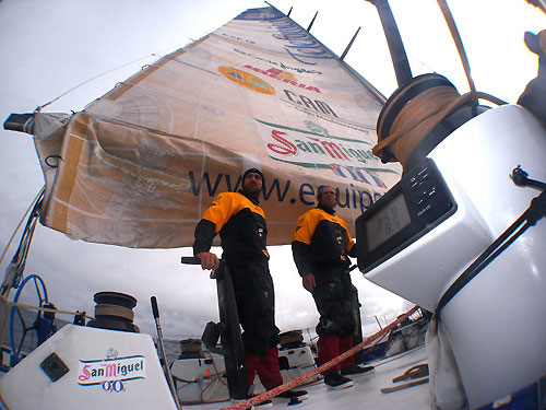 Telefonica crew members Xabi Fernandez (Trimmer) and David Vera ((Bowman) onboard Telefonica Blue en route to Rio De Janeiro on Leg 5 of the Volvo Ocean Race. Photo copyright Gabriele Olivo / Telefonica Blue / Volvo Ocean Race.