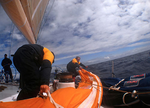 Crew members David Vera and Xabi Fernandez stacking on Telefonica Blue en route to Rio De Janeiro on leg 5 of the Volvo Ocean Race. Photo copyright Gabriele Olivo / Telefonica Blue / Volvo Ocean Race.