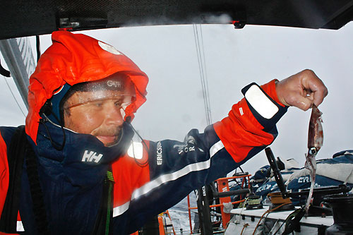Arve Roaas holding an squid, onboard Ericsson 3, on leg 5 of the Volvo Ocean Race, from Qingdao to Rio de Janeiro. Photo copyright Gustav Morin / Ericsson 3 / Volvo Ocean Race.