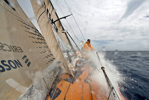 Anders Dahlsjo working on bow for a sailchange, onboard Ericsson 3, on leg 5 of the Volvo Ocean Race, from Qingdao to Rio de Janeiro. Photo copyright Gustav Morin / Ericsson 3 / Volvo Ocean Race.