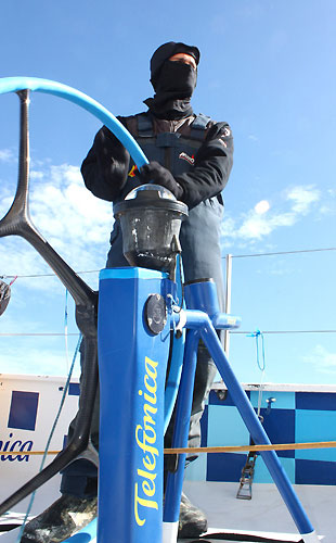 Michael Pammenter driving during a few hours of sunshine, onboard Telefonica Blue, on leg 5 of the Volvo Ocean Race, from Qingdao to Rio de Janeiro. Photo copyright Gabriele Olivo / Telefonica Blue / Volvo Ocean Race.