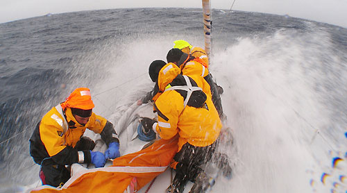 Sail changes in the Southern Ocean, on leg 5 of the Volvo Ocean Race, from Qingdao to Rio de Janeiro. Photo copyright Gabriele Olivo / Telefonica Blue / Volvo Ocean Race.