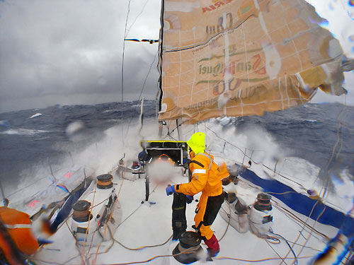 Telefonica Blue, about to take a dive on their way to Cape Horn, during leg 5 of the Volvo Ocean Race, from Qingdao to Rio de Janeiro. Photo copyright Gabriele Olivo / Telefonica Blue / Volvo Ocean Race.