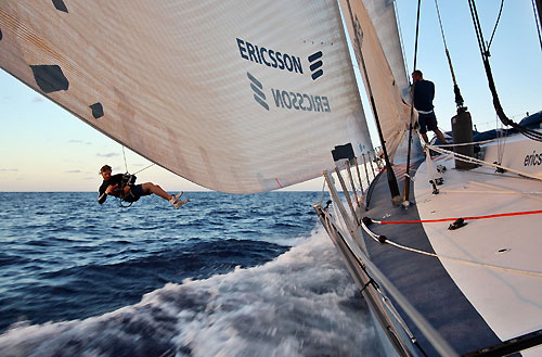 Media Crew Member Gustav Morin shooting from the halyard, attached tot he mast, on leg 5 of the Volvo Ocean Race, from Qingdao to Rio de Janeiro. Photo copyright Gustav Morin / Ericsson 3 / Volvo Ocean Race.