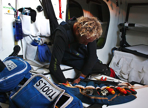 David Vera fixing the fuel pump, onboard Telefonica Blue, on leg 5 of the Volvo Ocean Race, from Qingdao to Rio de Janeiro. Photo copyright Gabriele Olivo / Telefonica Blue / Volvo Ocean Race.