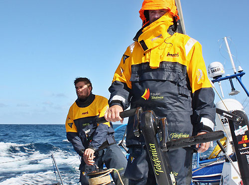 Grinding in light airs, onboard Telefonica Blue, on leg 5 of the Volvo Ocean Race, from Qingdao to Rio de Janeiro. Photo copyright Gabriele Olivo / Telefonica Blue / Volvo Ocean Race.