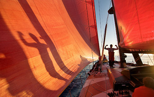 Shadow play onboard PUMA Ocean Racing, on leg 5 of the Volvo Ocean Race, from Qingdao to Rio de Janeiro. Photo copyright Rick Deppe / PUMA Ocean Racing / Volvo Ocean Race.
