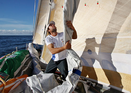 David Vera during a sail change onboard Telefonica Blue, on leg 5 of the Volvo Ocean Race, from Qingdao to Rio de Janeiro. Photo copyright Gabriele Olivo / Telefonica Blue / Volvo Ocean Race.