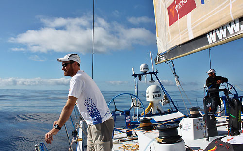 Tom Addis looking for wind onboard Telefonica Blue, on leg 5 of the Volvo Ocean Race, from Qingdao to Rio de Janeiro. Photo copyright Gabriele Olivo / Telefonica Blue / Volvo Ocean Race.