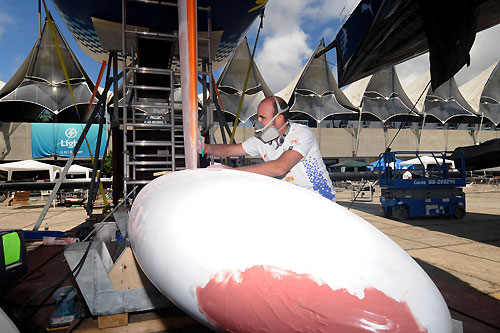 Boat maintenance in the Rio de Janeiro haul out area after more than 40 days of sailing in Leg 5 of the Volvo Ocean Race 2008-09. Photo copyright Dave Kneale / Volvo Ocean Race.