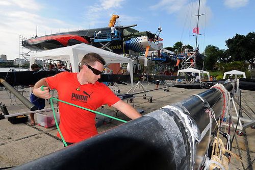 PUMA Ocean Racing's Boatbuilder and Rigger Frano Tragaskis works on PUMA's mast in Rio de Janeiro in preparation for Leg 6 of the Volvo Ocean Race 2008-09. Photo copyright Dave Kneale / Volvo Ocean Race.