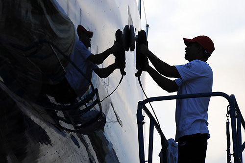 The distinctive black hull of PUMA Ocean Racing is polished in the Rio de Janeiro haul out area after more than 40 days of sailing in Leg 5 of the Volvo Ocean Race 2008-09. Photo copyright Dave Kneale / Volvo Ocean Race.