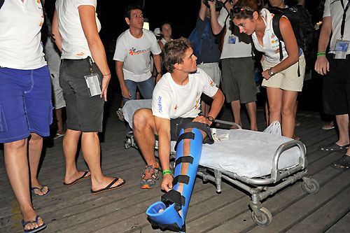 Fernando's Echavarri's Telefonica Black, which burst out of the starting blocks on Saturday afternoon, will sail the leg into Boston one man short. Bowman Michael Pammenter has injured his foot, and was taken back to the Marina da Gloria by a support boat. Under the race rules, the team cannot replace him during this leg. Upon arrival at the marina, Pammenter was transferred to hospital to have his leg and foot examined. Photo copyright Rick Tomlinson / Volvo Ocean Race.