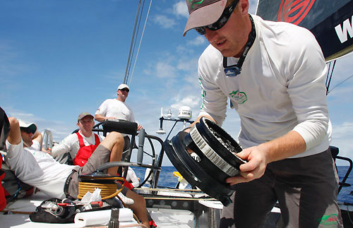 Maintenance onboard Green Dragon, on leg 6 of the Volvo Ocean Race, from Rio de Janeiro to Boston. Photo copyright Guo Chuan / Green Dragon Racing / Volvo Ocean Race.