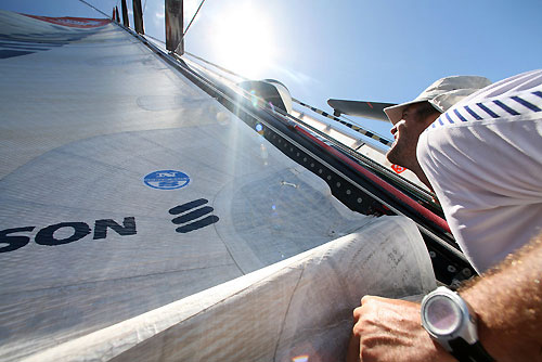 Richard Mason checking the tension of the topmast before hoisting the masthead zero onboard Ericsson 3, on leg 6 of the Volvo Ocean Race, from Rio de Janeiro to Boston. Photo copyright Gustav Morin / Ericsson 3 / Volvo Ocean Race.