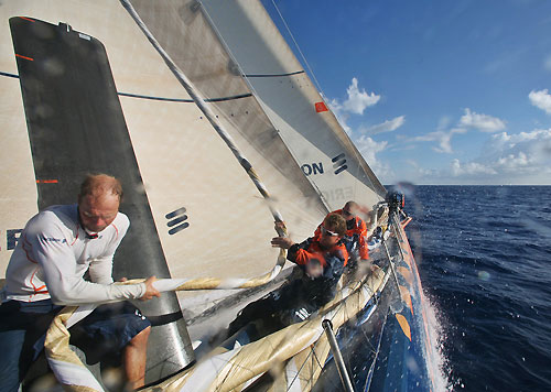 Sail change, onboard Ericsson 3, on leg 6 of the Volvo Ocean Race, from Rio de Janeiro to Boston. Photo copyright Gustav Morin / Ericsson 3 / Volvo Ocean Race.