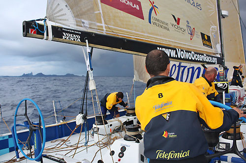Telefonica Blue, skippered by Bouwe Bekking (NED) are first through the scoring gate of Fernando de Noronha at 19:58:56 GMT 16/04/09, securing 4 points, on of leg 6 of the Volvo Ocean Race, from Rio de Janeiro to Boston. Photo copyright Gabriele Olivo / Telefonica Blue / Volvo Ocean Race.
