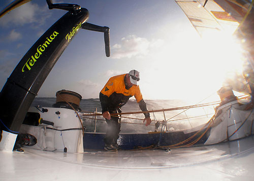 Xabier Fernandez checks thr trim onboard Telefonica Blue, on leg 6 of the Volvo Ocean Race, from Rio de Janeiro to Boston. Photo copyright Gabriele Olivo / Telefonica Blue / Volvo Ocean Race.