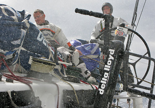 Watchleader Nick Bice getting wet while trimming the mainsail, on leg 6 of the Volvo Ocean Race, from Rio de Janeiro to Boston. Photo copyright Sander Pluijm / Team Delta Lloyd / Volvo Ocean Race.