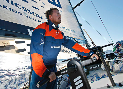 Trimmer Martin Str�mberg onboard Ericsson 3, on leg 6 of the Volvo Ocean Race, from Rio de Janeiro to Boston. Photo copyright Gustav Morin / Ericsson 3 / Volvo Ocean Race.