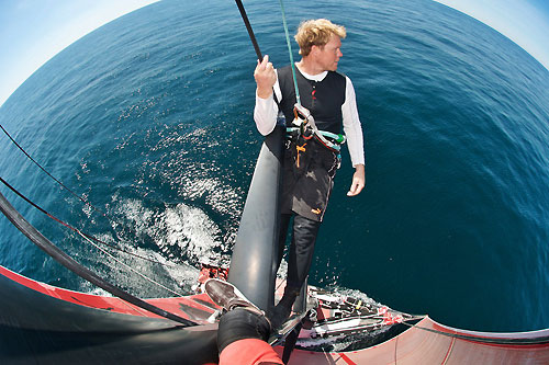 Casey Smith up the mast, onboard PUMA Ocean Racing, on leg 6 of the Volvo Ocean Race, from Rio de Janeiro to Boston. Photo copyright Rick Deppe / PUMA Ocean Racing / Volvo Ocean Race.