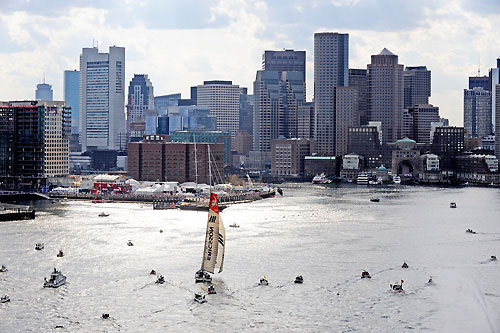 Ericsson 4, skippered by Torben Grael (BRA) finish first on leg 6 of the Volvo Ocean Race, from Rio de Janeiro to Boston, crossing the finish line at 21:05:10 GMT 26-04-2009. Photo copyright Rick Tomlinson / Volvo Ocean Race.