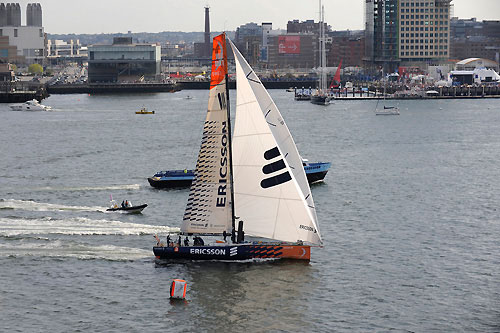 Ericsson 3, skippered by Magnus Olsson (SWE) finish second on leg 6 of the Volvo Ocean Race, from Rio de Janeiro to Boston, crossing the finish line at 21:17:58 GMT 26-04-2009. Photo copyright Rick Tomlinson / Volvo Ocean Race.
