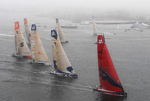 Heavy fog sets in as the fleet head out at the start of leg 7 from Boston to Galway. Photo copyright Rick Tomlinson / Volvo Ocean Race.