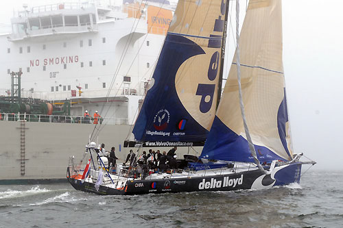 The Nor'Easter tanker bears down on the windward mark of the race course as Delta Lloyd approaches, at the start of leg 7 from Boston to Galway. Photo copyright Dave Kneale / Volvo Ocean Race.