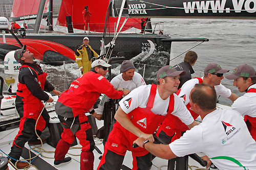 Green Dragon working their way through the fleet, just after the start of leg 7 from Boston to Galway. Photo copyright Guo Chuan / Green Dragon Racing / Volvo Ocean Race.