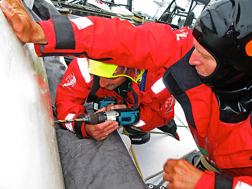 Green dragon sustain dammage to their leeward, port daggerboard, after hitting a lobster pot, during leg 7 of the Volvo Ocean Race from Boston to Galway. Photo copyright Guo Chuan / Green Dragon Racing / Volvo Ocean Race.