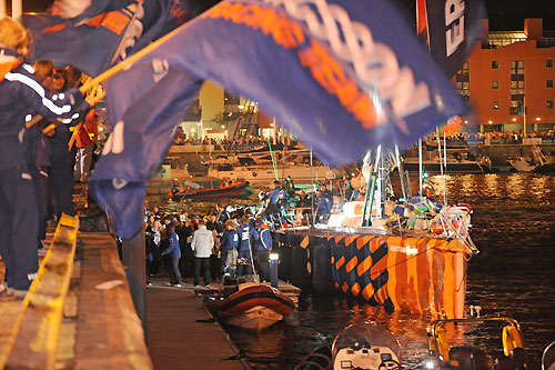 A crowd on the dock greets Ericsson 4, skippered by Torben Grael (BRA) in Galway. Ericsson 4 finished first in leg 7 from Boston to Galway, crossing the line at 00:54: 22 GMT, May 24, 2009. Photo copyright Rick Tomlinson / Volvo Ocean Race.