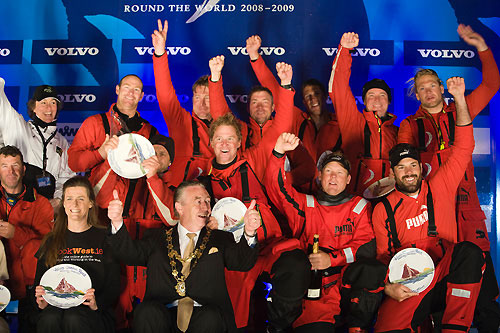 Mayor of Galway Padraig Conneely and the crew of il mostro. PUMA Ocean Racing skippered by Ken Read (USA), PUMA finished second on leg 7 from Boston to Galway, crossing the line at 02:19: 56 GMT, May 24, 2009. Photo copyright Sally Collison / PUMA Ocean Racing / Volvo Ocean Race.