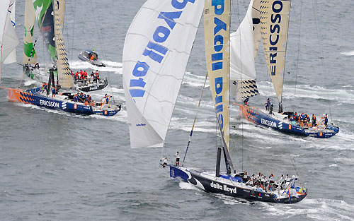 The fleet blast out of Galway Bay with Ericsson 4 in the lead, at the start of leg 8 from Galway to Marstrand. Photo copyright Rick Tomlinson / Volvo Ocean Race.