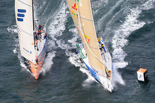 The fleet blast out of Galway Bay with Ericsson 4 in the lead, at the start of leg 8 from Galway to Marstrand. Photo copyright Rick Tomlinson / Volvo Ocean Race.