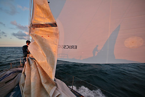 Anders Dahlsjo onboard Ericsson 3 as they head through the English Channel, on leg 8 of the Volvo Ocean Race, from Galway to Marstrand. Photo copyright Gustav Morin / Ericsson 3 / Volvo Ocean Race.
